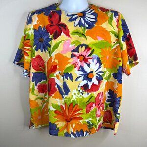 Vintage Womens Art To Wear Floral Top 16 Multicolor Bright Short Sleeve Blouse